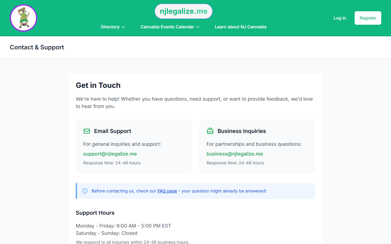 The njlegalize.me Contact and Support page