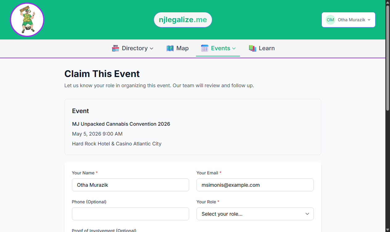 How to Claim an Existing Event on njlegalize.me