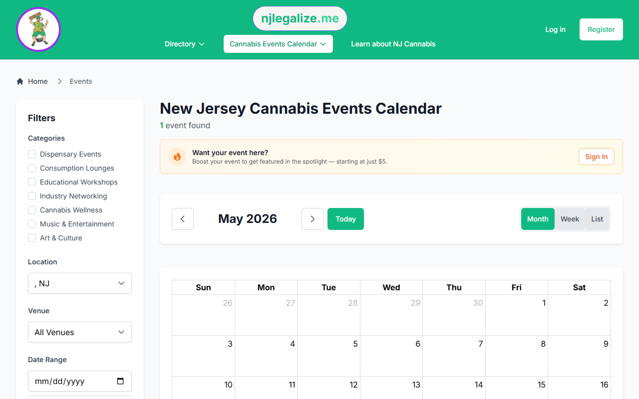The njlegalize.me Events Calendar showing the Submit Event prompt