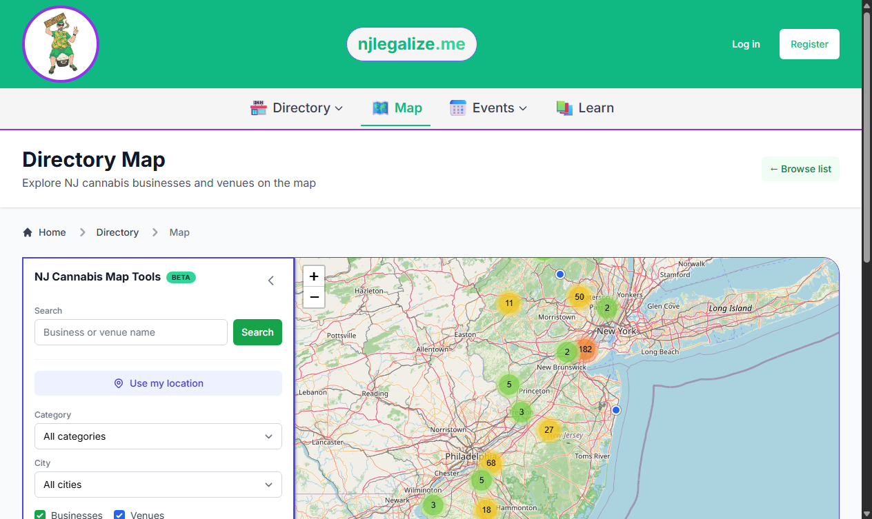 The njlegalize.me Directory Map with the Map Tools panel