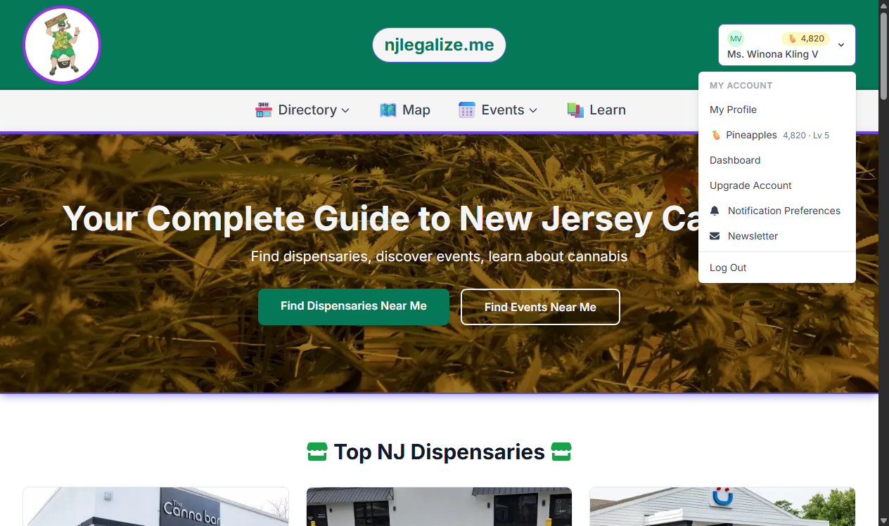 The njlegalize.me account menu showing the Pineapple Points balance and level